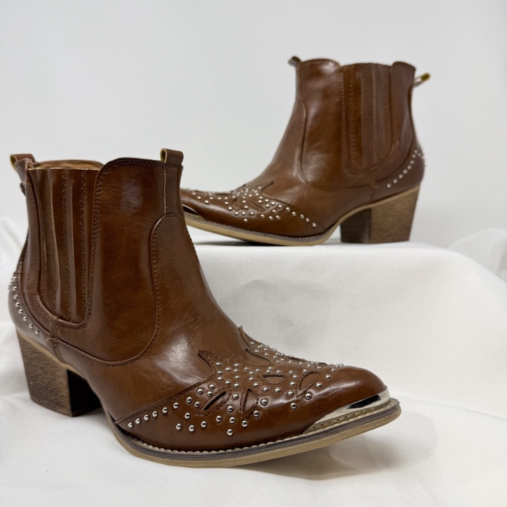 Yoki Brown Studded Western Ankle Boots - Picture 14 of 14